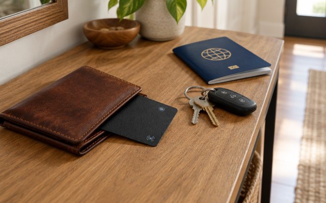 Ridge Tracker Card, on a hallway console table beside keys and a passport