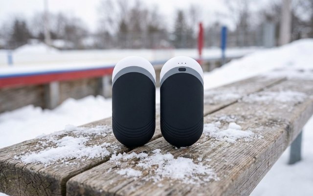 Two black hand warmers with white tops on a snowy bench beside an outdoor hockey rink
