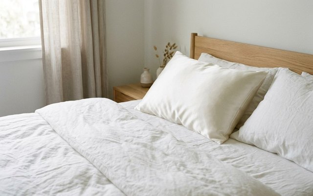 Pillow in a natural white silk pillowcase on a bed made with white linen