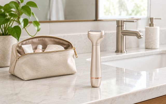 Orchrose women's electric razor, beside a small open toiletry bag on a hotel bathroom counter