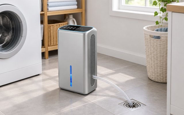 Mini dehumidifier with drain hose, on the tiled floor of a small laundry room, its drain hose leading neatly into a floor drain, physically realistic