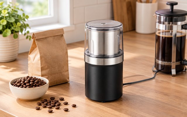 Electric blade grinder on a kitchen counter beside a bag of coffee beans and a French press