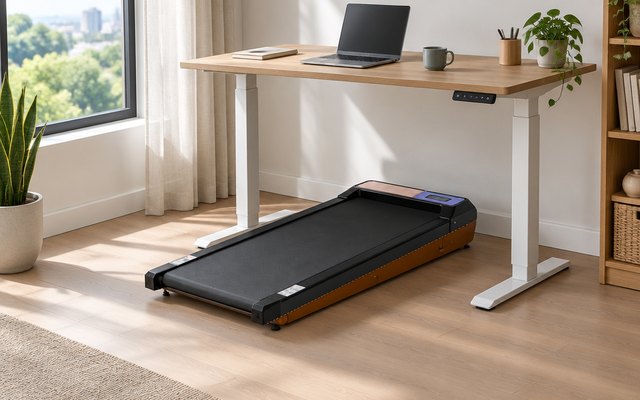 Mokirui walking pad, on the floor under a standing desk in a home office