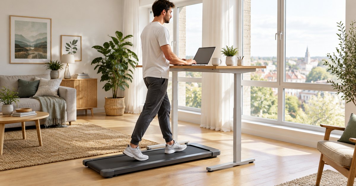 A man walking on a slim walking pad at a standing desk in a bright living room