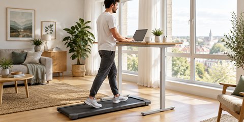 A man walking on a slim walking pad at a standing desk in a bright living room
