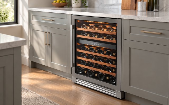 Ca'Lefort 24 in 52-bottle dual-zone wine cooler, built in under a kitchen counter between cabinets, its interior lights on and bottles on wood shelves