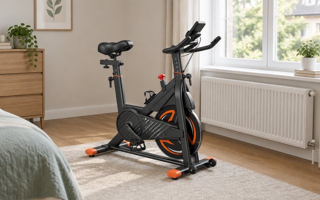 Toputure TEB3 exercise bike, in a spare bedroom by a window with a radiator underneath