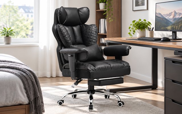 GTPLAYER Big and Tall Gaming Chair, 400 lb, gaming chair at a tidy desk with a monitor in a bright bedroom, daylight from a window