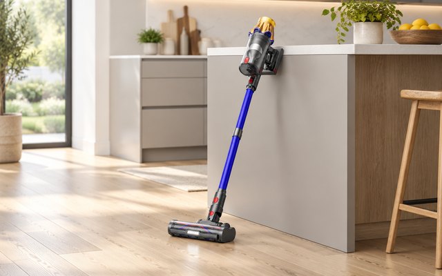 Cordless stick vacuum leaning against a kitchen island on a light wooden floor