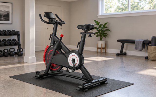 CHAOKE 507C exercise bike, in a finished basement home gym on a black rubber mat