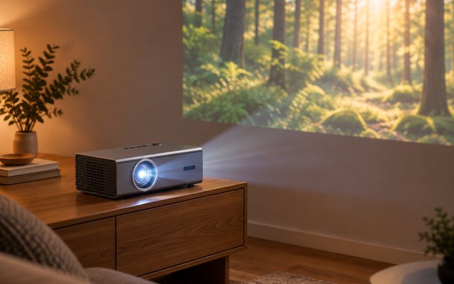 KOGATA smart projector, on a living-room console