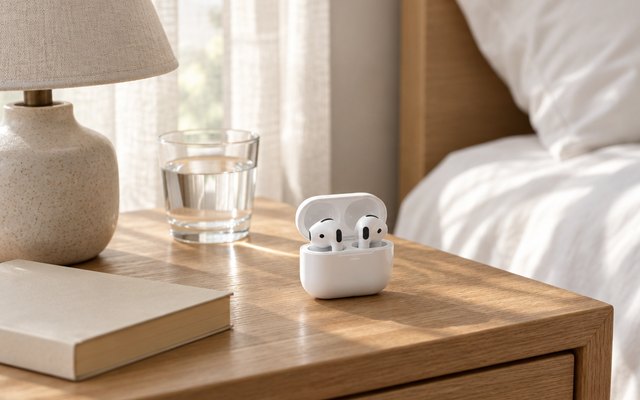 White wireless earbuds in their open case on a bedside table in morning light