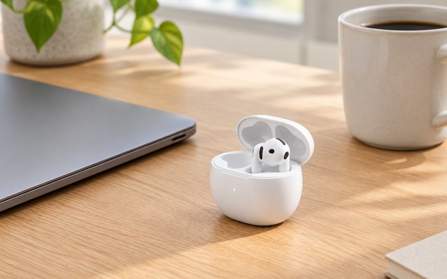White wireless earbuds in an open charging case on a desk