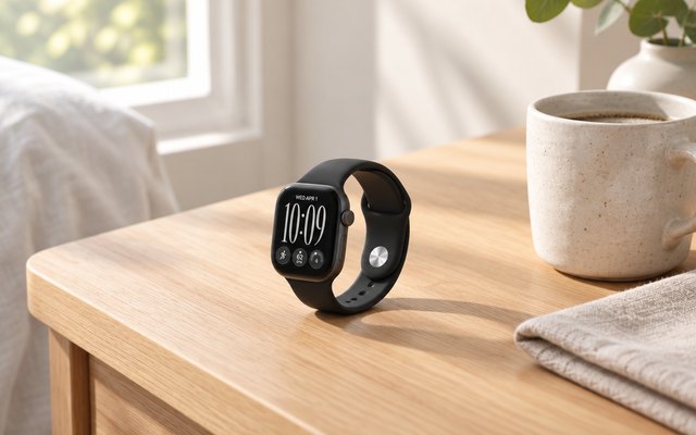 A black smartwatch on a bedside table in morning light
