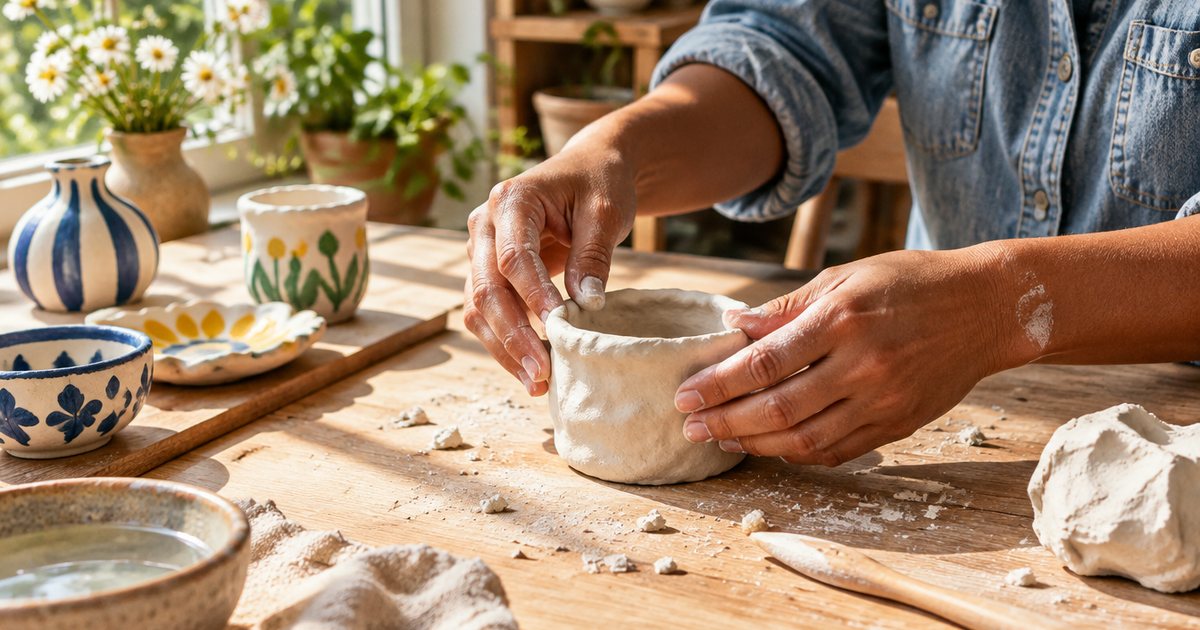 Hands shaping a small pot from white air-dry clay on a sunlit craft table, painted clay pieces drying nearby
