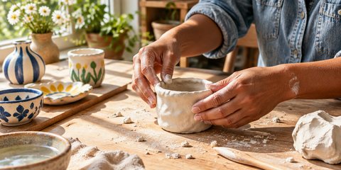 Hands shaping a small pot from white air-dry clay on a sunlit craft table, painted clay pieces drying nearby