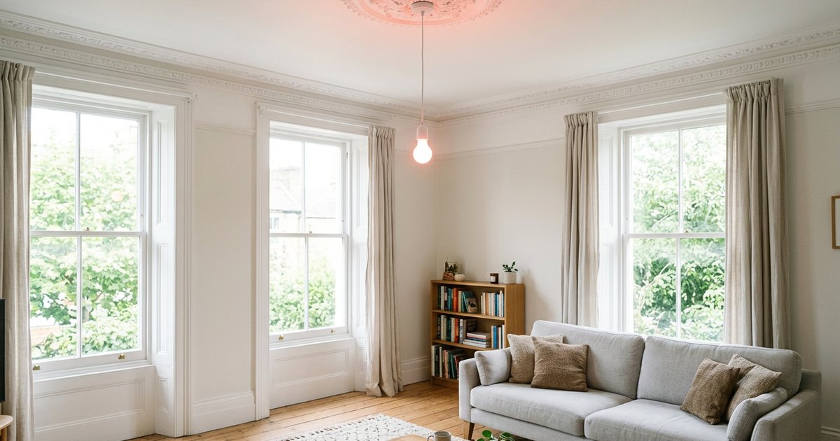 A bright living room with a high ceiling and a single smart bulb on a white flex glowing soft coral