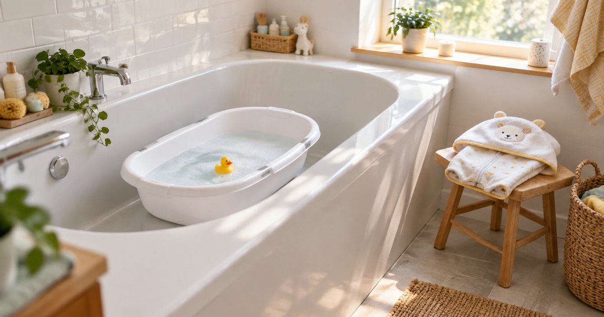 A small white baby bath of warm water set in the family bathtub, a rubber duck floating and a hooded towel ready on a stool