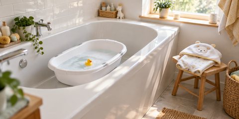 A small white baby bath of warm water set in the family bathtub, a rubber duck floating and a hooded towel ready on a stool