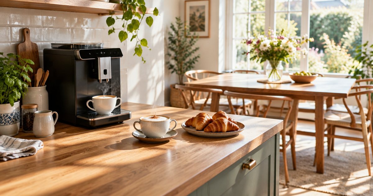 A bean-to-cup coffee machine on a sunny kitchen worktop with a fresh flat white, a cappuccino and croissants
