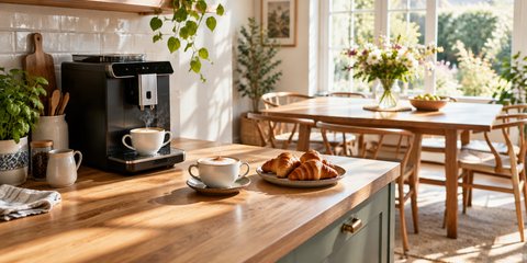 A bean-to-cup coffee machine on a sunny kitchen worktop with a fresh flat white, a cappuccino and croissants