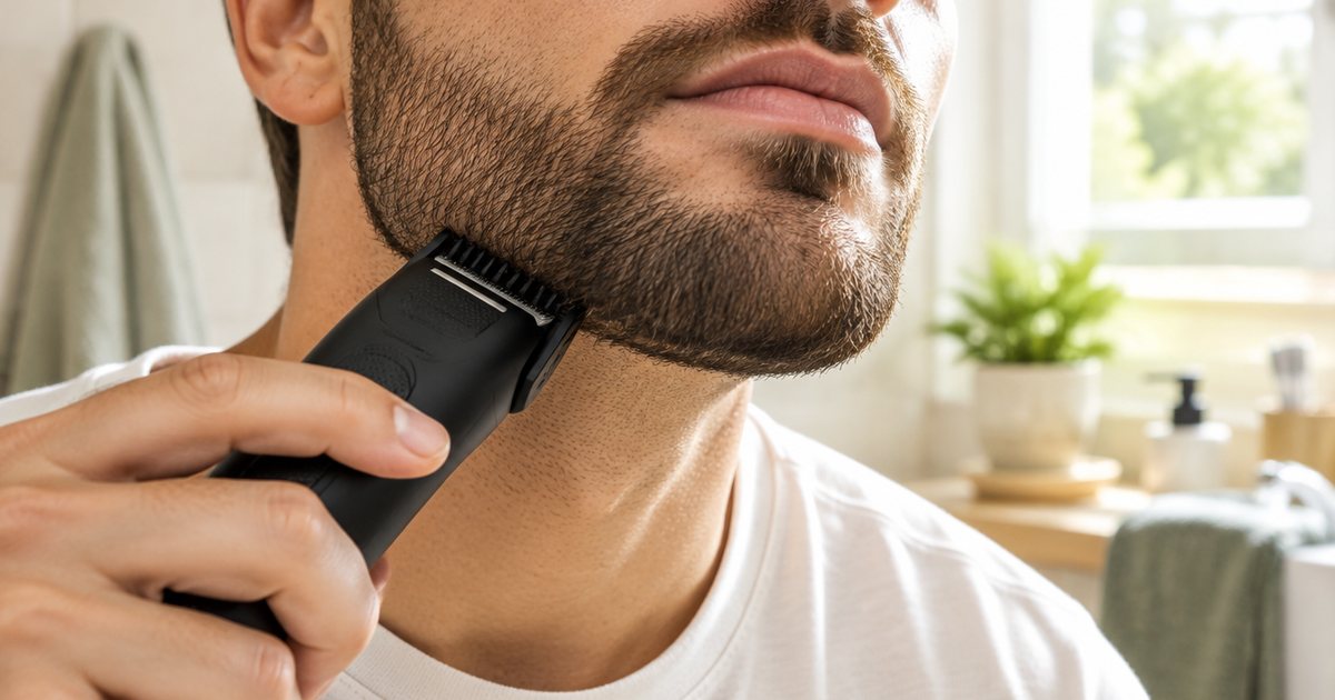 Close crop of a man's jaw and chin, from below the nose down only, as he runs a black cordless beard trimmer along his neat beard line in a bright bathroom