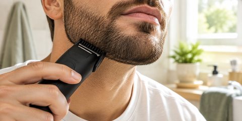 Close crop of a man's jaw and chin, from below the nose down only, as he runs a black cordless beard trimmer along his neat beard line in a bright bathroom