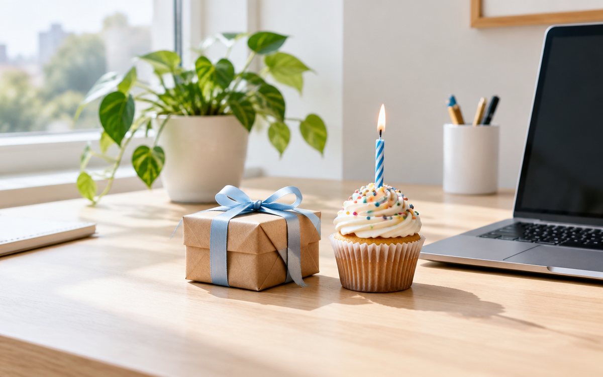 A small wrapped birthday present with a ribbon and a cupcake with one lit candle on a tidy office desk beside a laptop and a plant, bright daylight