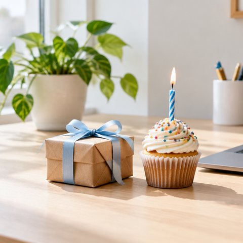 A small wrapped birthday present with a ribbon and a cupcake with one lit candle on a tidy office desk beside a laptop and a plant, bright daylight