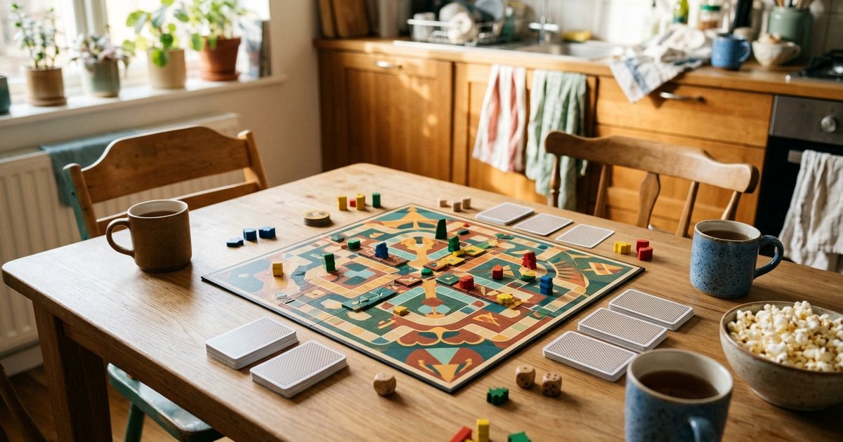 A family board game set out mid-play on a wooden kitchen table in warm daylight, mugs of tea and a bowl of popcorn beside it