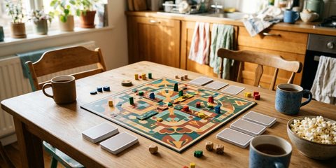A family board game set out mid-play on a wooden kitchen table in warm daylight, mugs of tea and a bowl of popcorn beside it