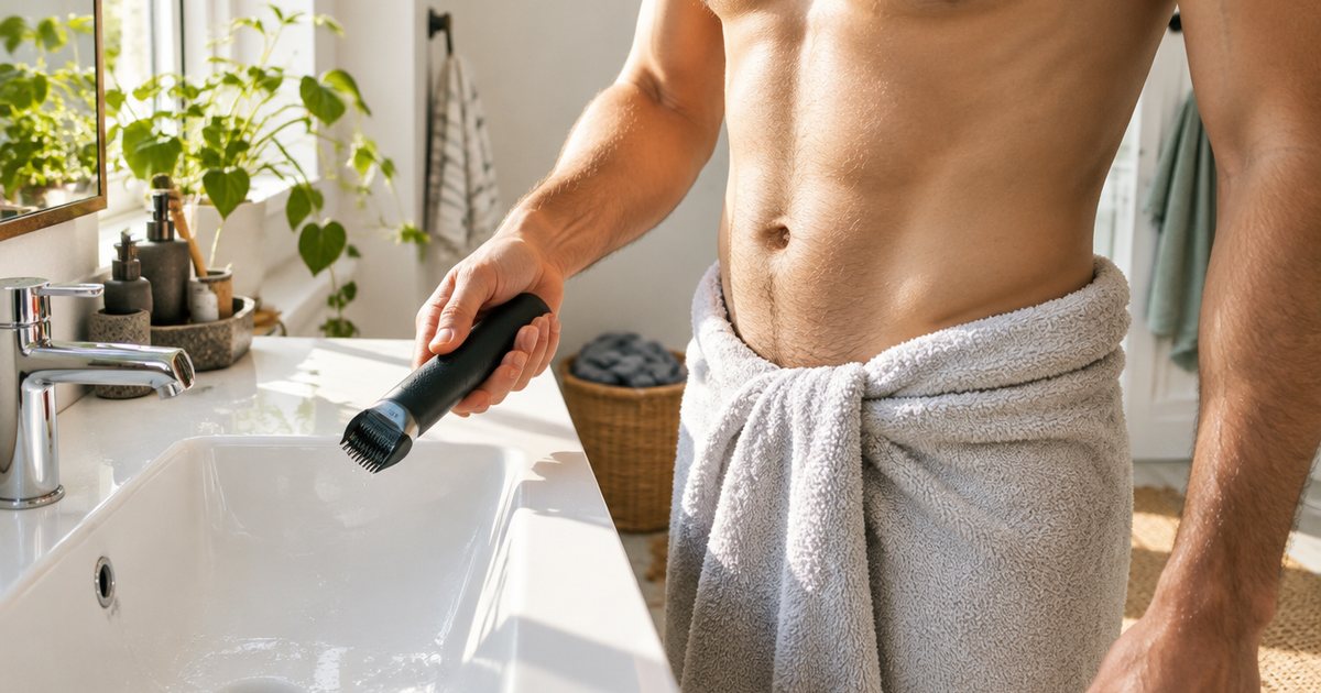 A man's hand holding a cordless body groomer over a white bathroom sink, a towel round his waist, cropped at the chest, no head in frame, morning light