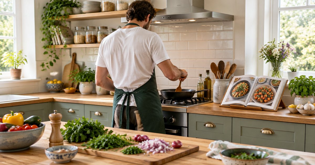 A man in an apron cooking at the hob, a recipe book open on a bamboo stand on the worktop beside him