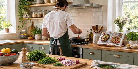 A man in an apron cooking at the hob, a recipe book open on a bamboo stand on the worktop beside him