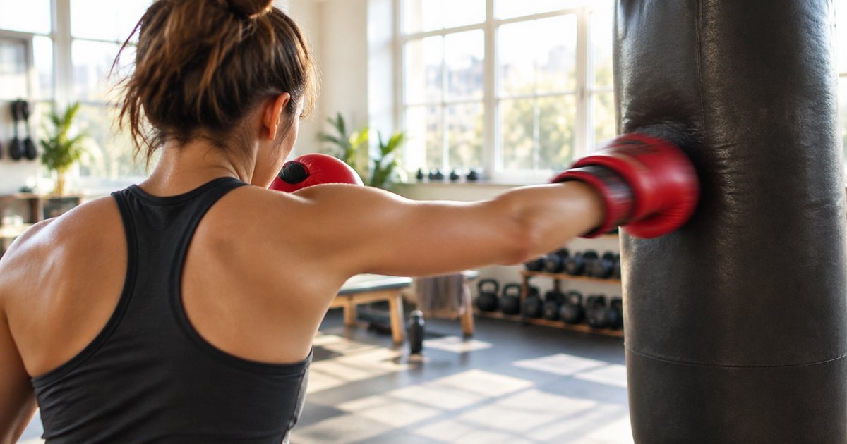 A person in red boxing gloves throwing a punch at a heavy punch bag in a bright, airy gym, seen from behind at shoulder height, slight motion blur on the glove
