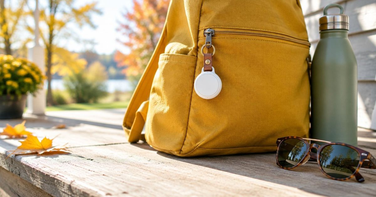 A small round white tracker tag on the zipper of a yellow backpack on a sunny porch step, sunglasses and a water bottle beside it