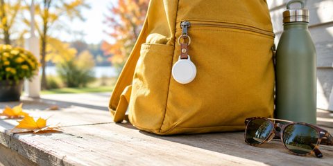 A small round white tracker tag on the zipper of a yellow backpack on a sunny porch step, sunglasses and a water bottle beside it