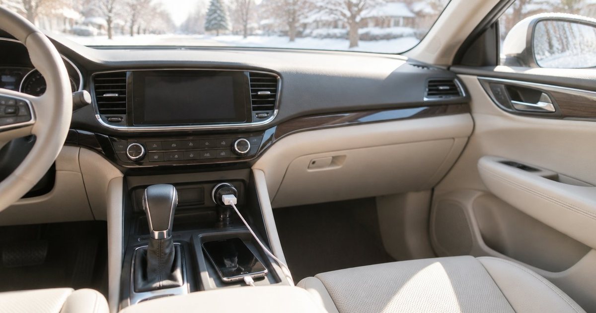 A small black car charger in the console socket of a sunlit car, a cable running to a phone in the tray, a snowy street outside