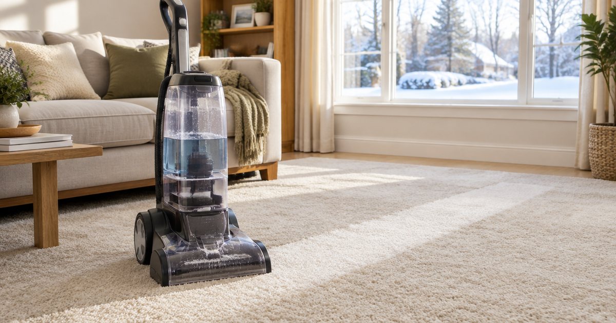 An upright carpet cleaner on a cream living room carpet, a cleaned stripe behind it and snow outside