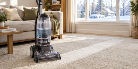 An upright carpet cleaner on a cream living room carpet, a cleaned stripe behind it and snow outside