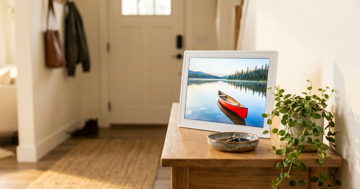 A white digital photo frame showing a red canoe on a lake, on an entryway console table beside a dish of keys and a trailing plant
