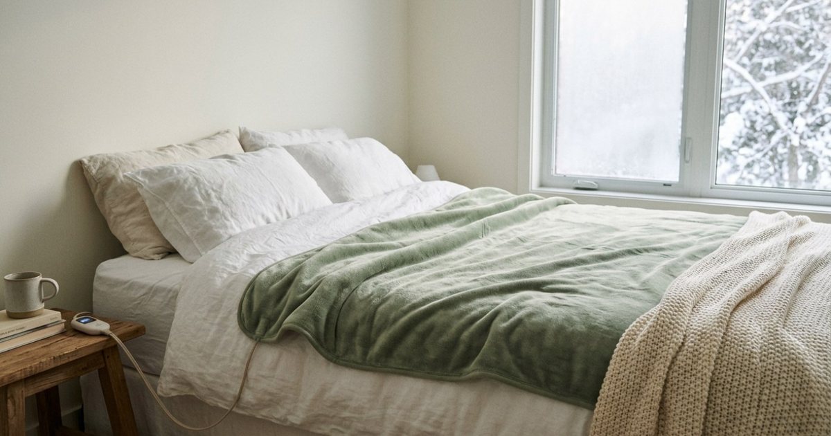 A sage-green heated blanket on a bed, its controller glowing on the nightstand, snowy trees outside the window