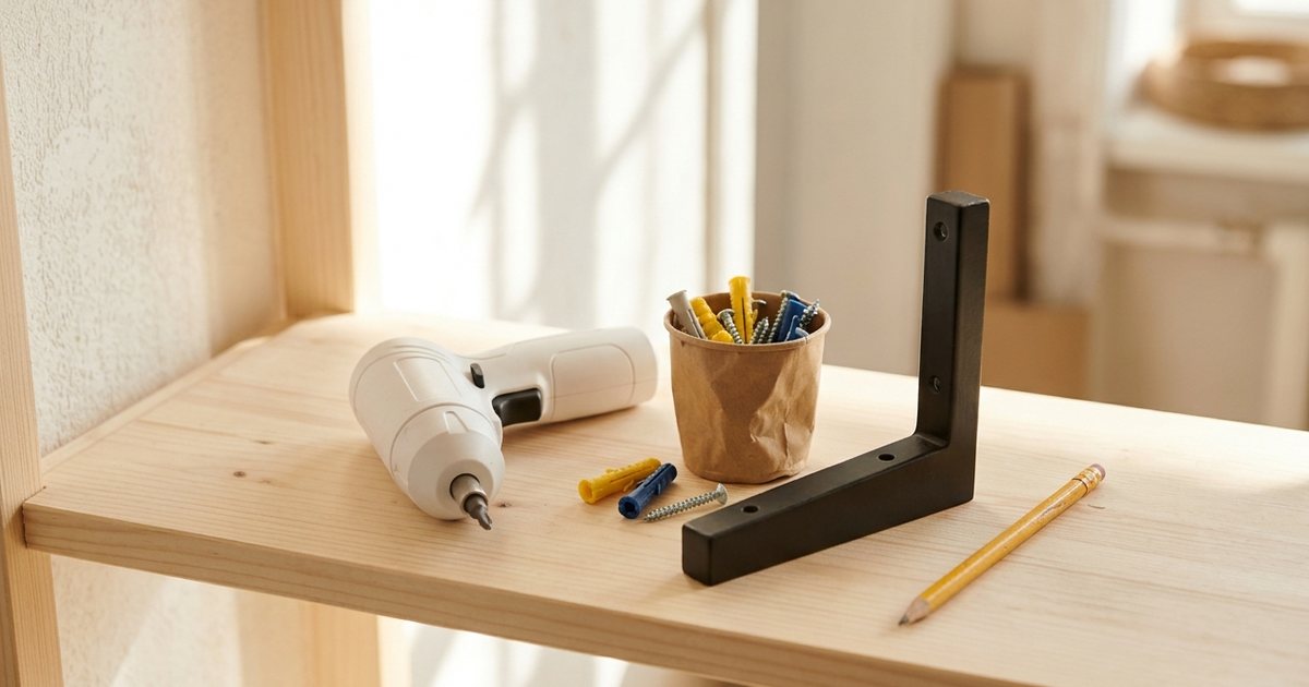 A compact white cordless screwdriver on a pine shelf beside a black shelf bracket, a cup of wall anchors and a pencil