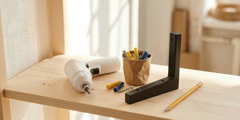 A compact white cordless screwdriver on a pine shelf beside a black shelf bracket, a cup of wall anchors and a pencil