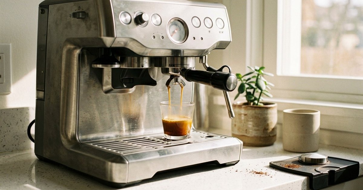 A steel espresso machine pulling a shot into a small glass on a white kitchen counter in morning sun