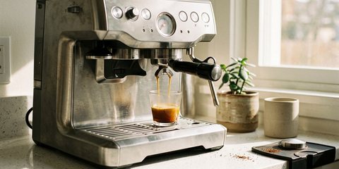 A steel espresso machine pulling a shot into a small glass on a white kitchen counter in morning sun