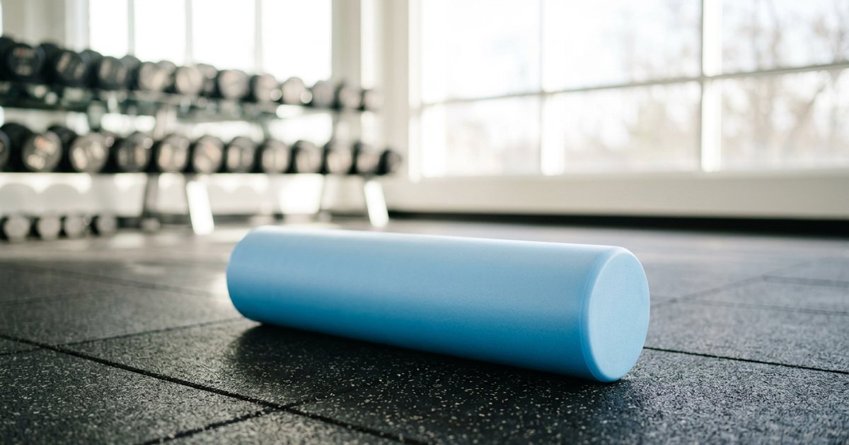 A smooth light blue foam roller on the rubber floor of a bright gym, a dumbbell rack and tall windows behind