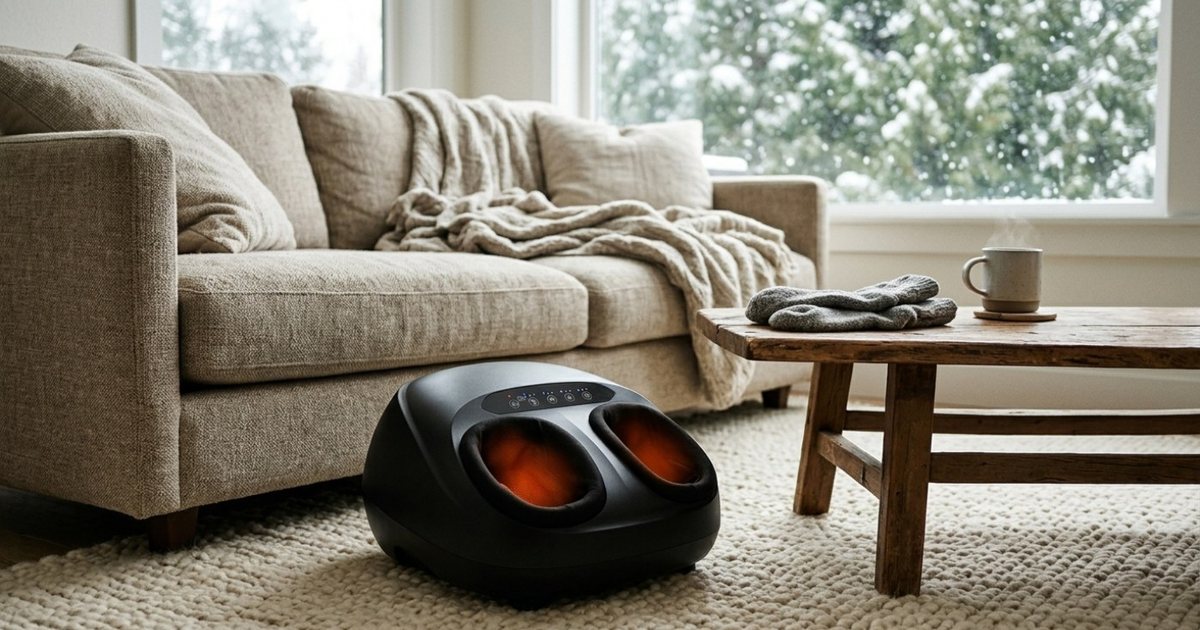 A black foot massager glowing on a wool rug by a sofa, a mug and folded socks on the coffee table, snow outside