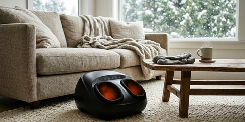 A black foot massager glowing on a wool rug by a sofa, a mug and folded socks on the coffee table, snow outside
