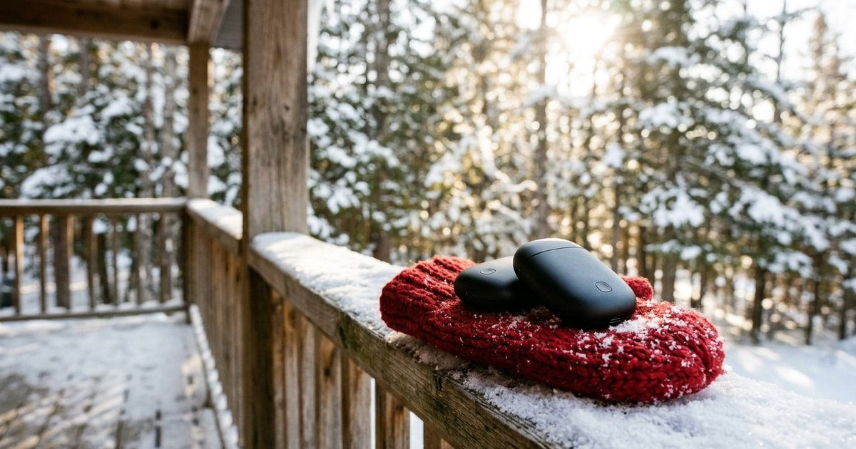 A pair of black rechargeable hand warmers on a red wool mitten on a snowy cottage porch railing